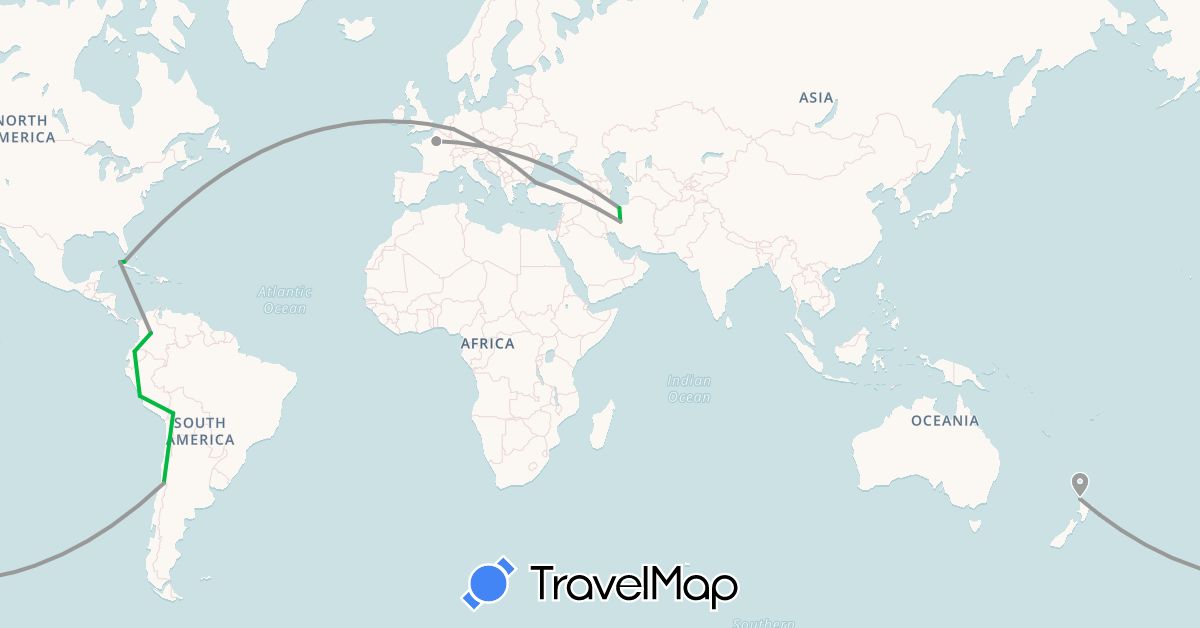 TravelMap itinerary: driving, bus, plane in Bolivia, Chile, Colombia, Cuba, Germany, Ecuador, France, Iran, New Zealand, Peru, Turkey (Asia, Europe, North America, Oceania, South America)